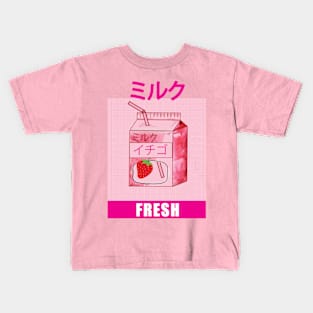 90s Japanese Otaku Strawberry Milk shake aesthetic Kids T-Shirt